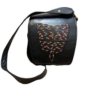 Unique Vintage Pierre Mishael Stamped black Leather Gold accents Shoulder Bag